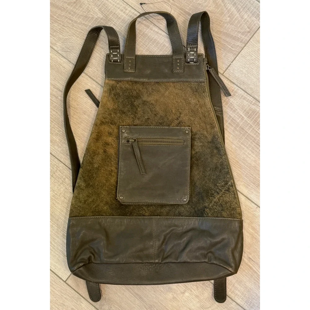 FREE PEOPLE WE THE FREE DISTRESSED BITTER OLIVE SAGE SUEDE LEATHER BACKPACK BAG